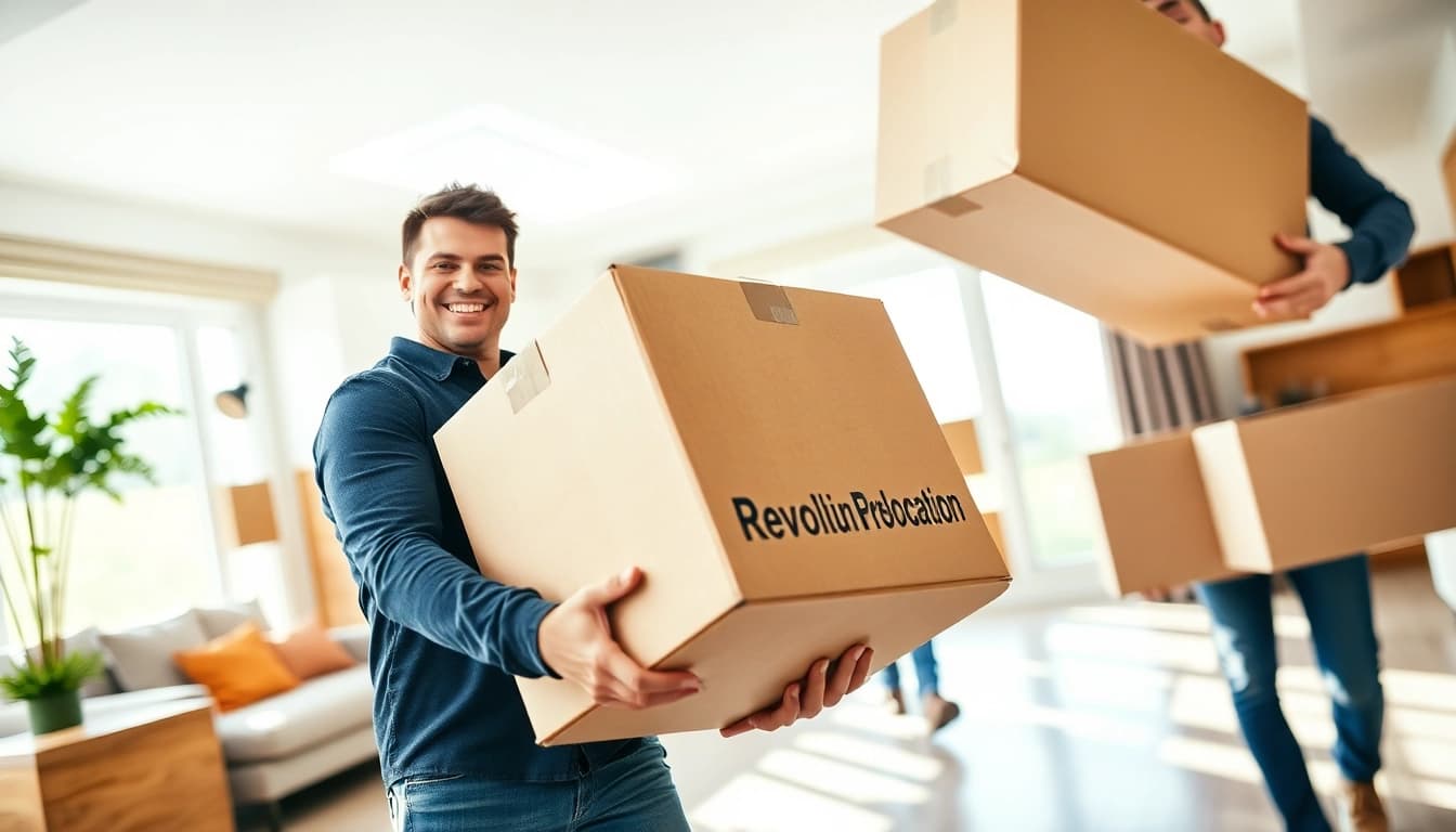 Moving team exemplifying Revolution Relocation by carefully handling a labeled box in a bright home.