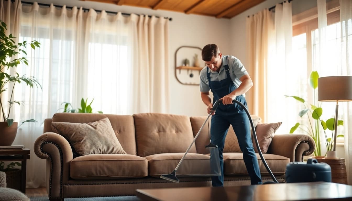 Showcasing upholstery cleaning in Savannah GA, a professional technician cleans a vintage sofa in a warmly lit living room.