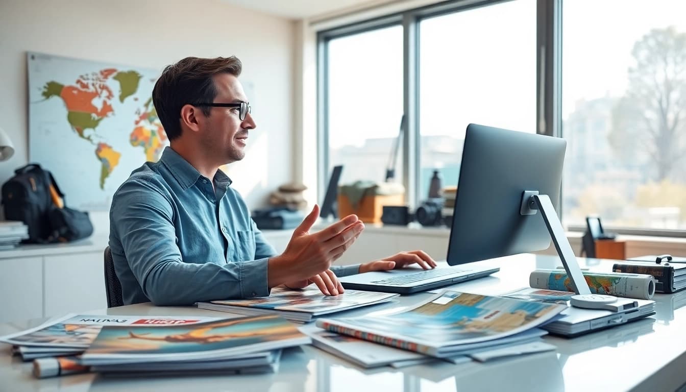Engage with travel inspiration at https://travelvixta.com in a vibrant office setting.