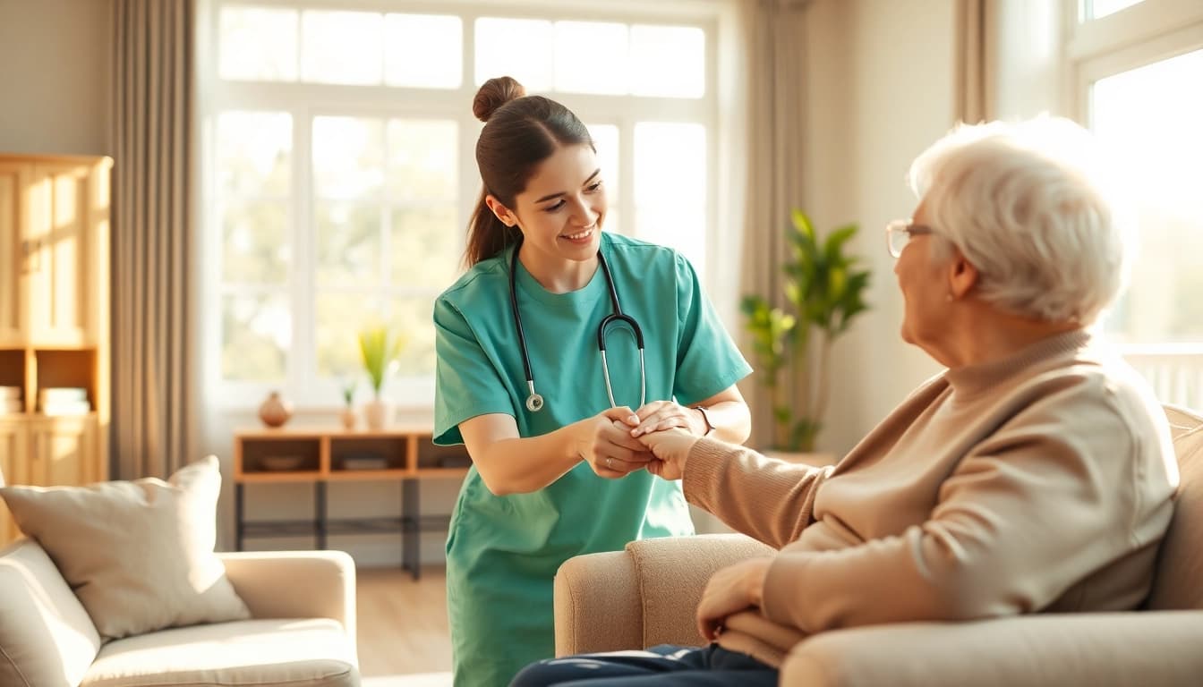 Caregiver providing compassionate in home care austin tx to an elderly patient in a cozy living room.