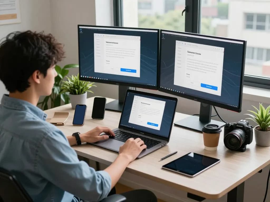 现代科技工作区中双屏显示器上的快连下载应用界面。