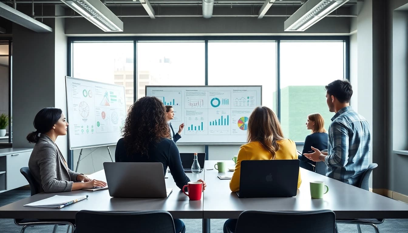 Engaged team collaborating on a marketing strategy at https://www.pnmmedia.com in a modern office.