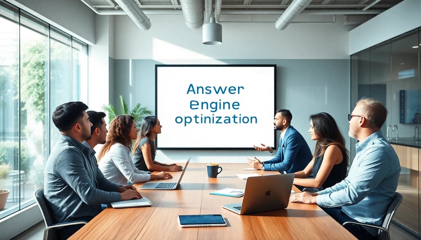 Engaged team discussing answer engine optimization strategies in a bright office.