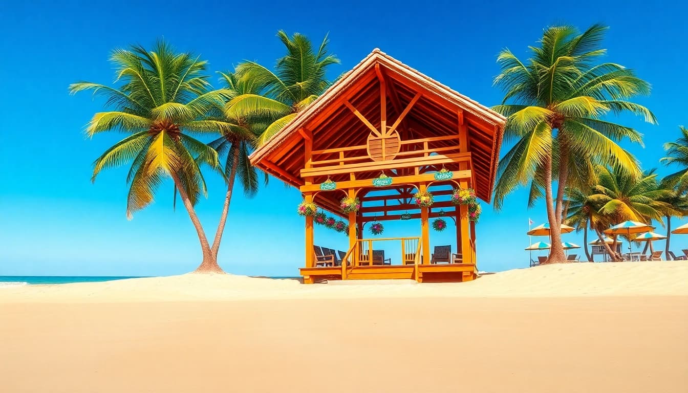 Enjoy the scenic coastal cabana with palm trees and beach views, perfect for relaxation.