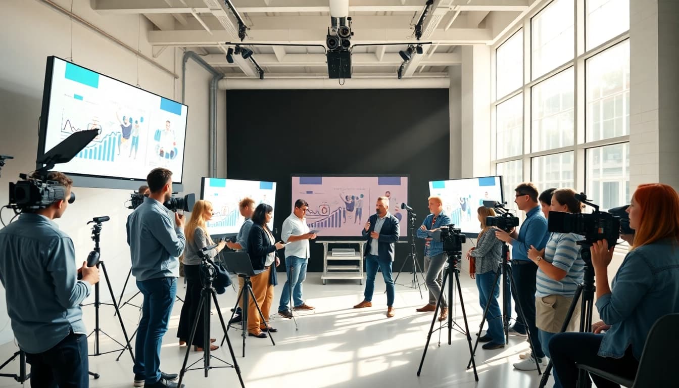 Engaging scene of Corporate Video Production team collaborating with advanced equipment in a bright studio.