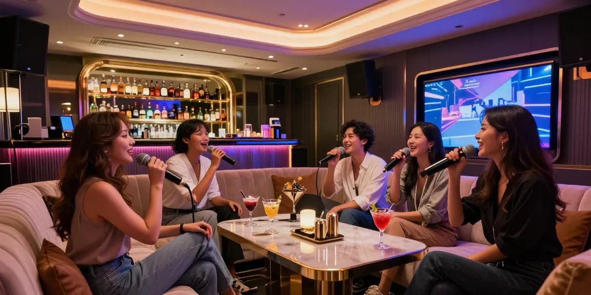 강남가라오케 정찰제 안내를 위한 세련된 프리미엄 룸 환경에서 친구들과 함께 즐거운 시간을 보내는 모습
