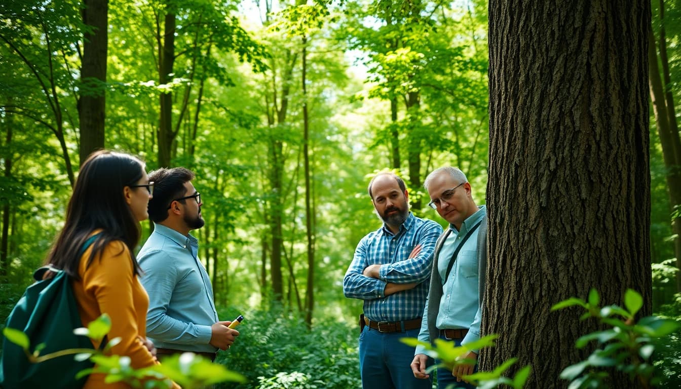 Black Mountain Tree Consultancy team assessing trees in a vibrant forest setting.