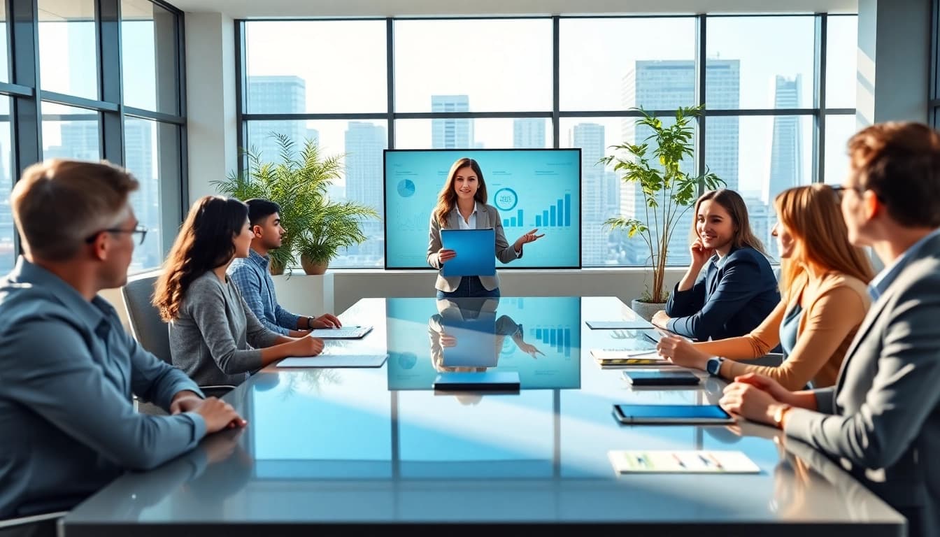 Engaging business meeting with diverse professionals discussing strategies in a modern office setting.