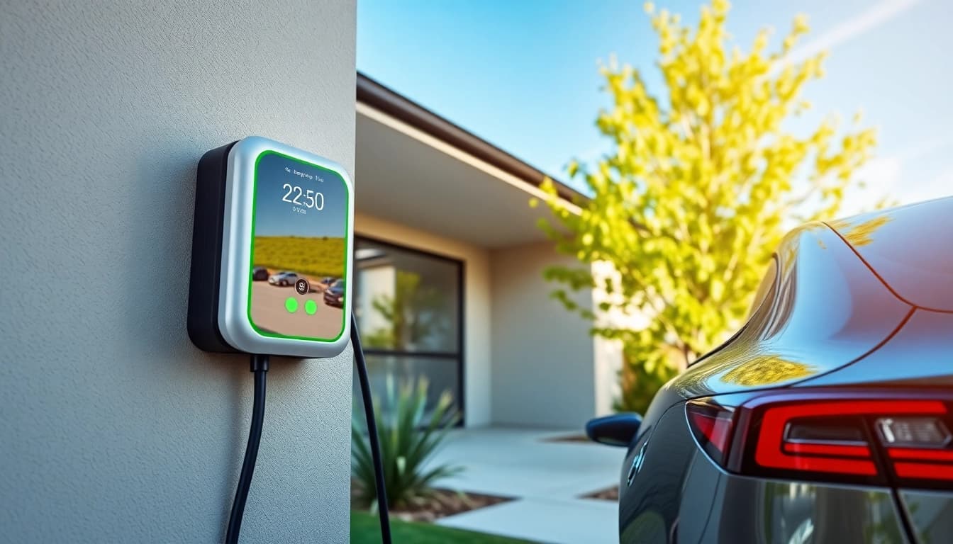 EV charger cost Australia displayed on a sleek wall-mounted charger at a modern home.