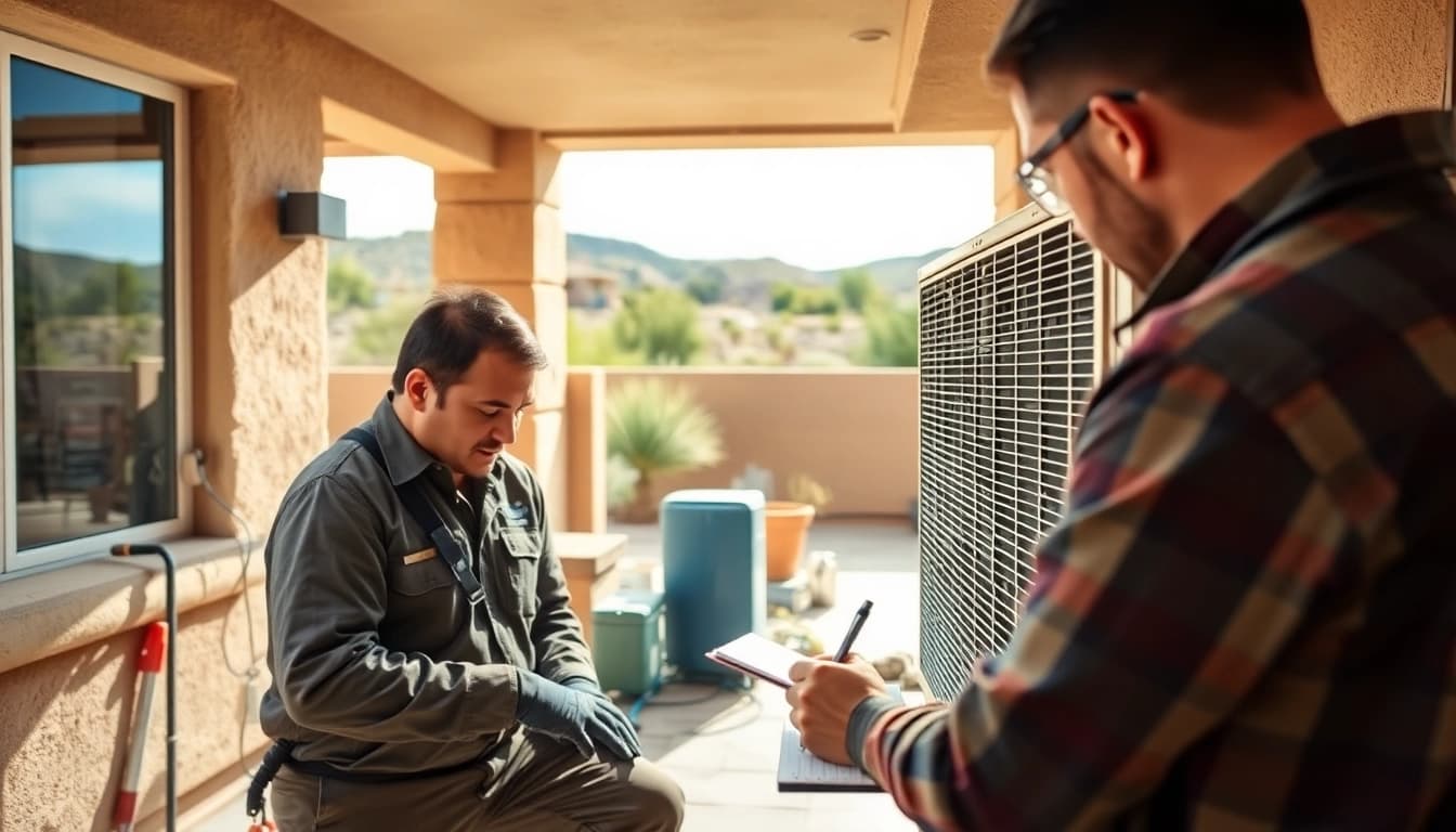 Technician performing maintenance on Scottsdale AC unit in a sunny desert setting.