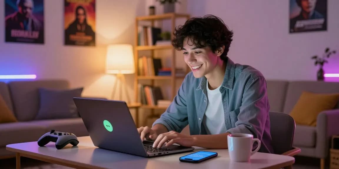 Youthful adult smiling while using nsfw chat bot on a laptop in a cozy, decorated space.