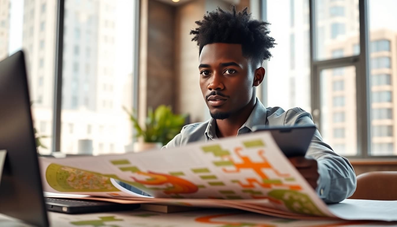 View of a focused planner at https://2020group.co.za analyzing urban development plans with precision.