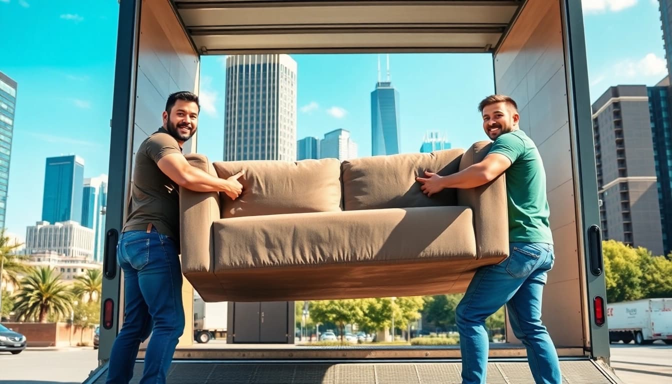 Movers efficiently organizing and loading items into trucks, showcasing moving companies chicago services.