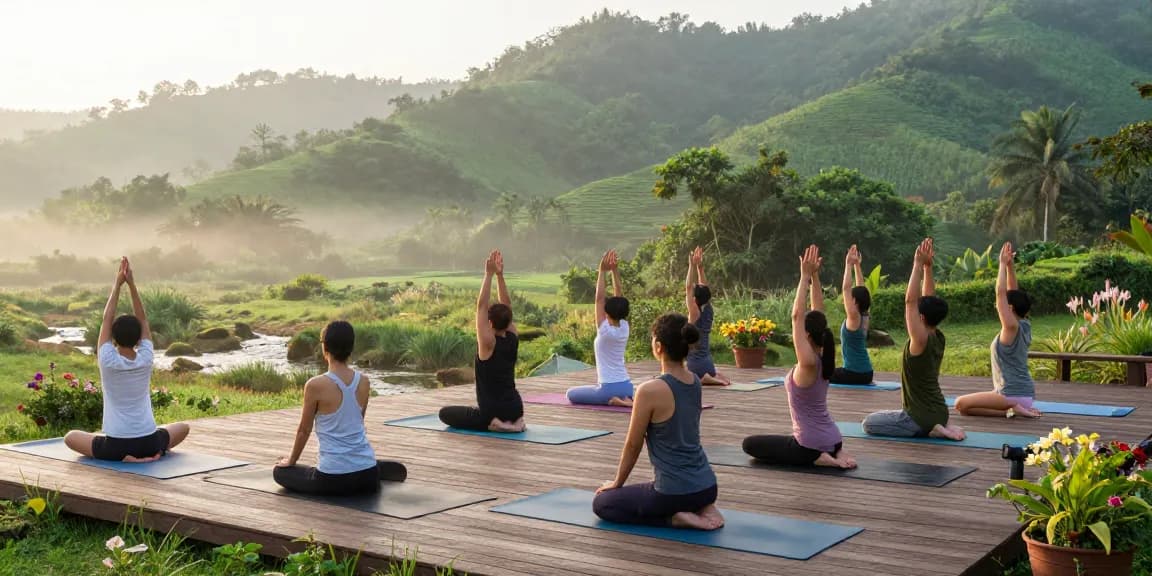 Yoga retreat in Rishikesh with serene landscape and yoga practice at sunrise.