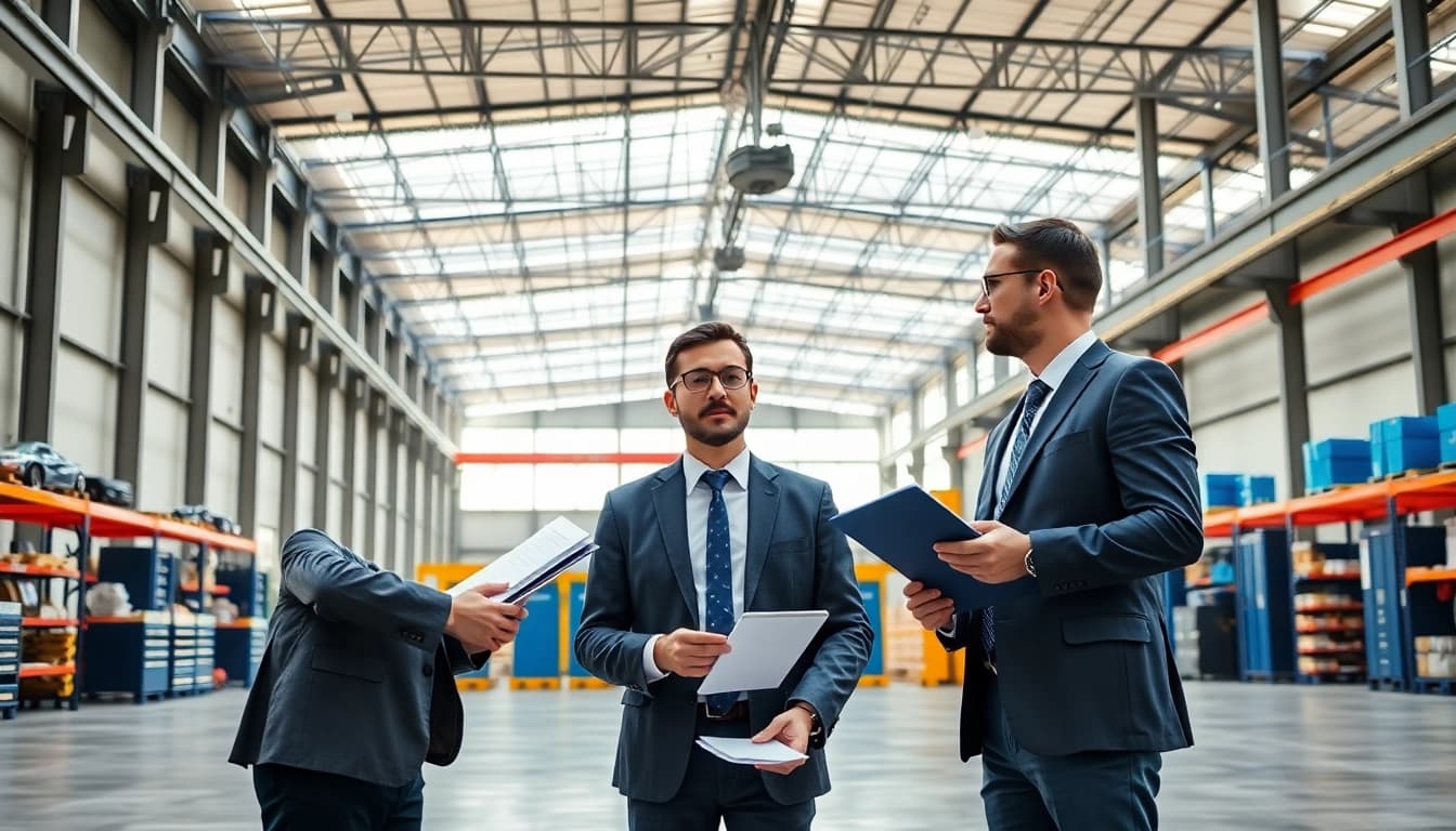 Negotiate your industrial leasing terms with a professional in a modern warehouse.