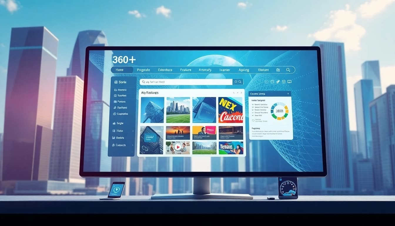 Showcase of 360浏览器 features on a futuristic screen in a vibrant city setting.