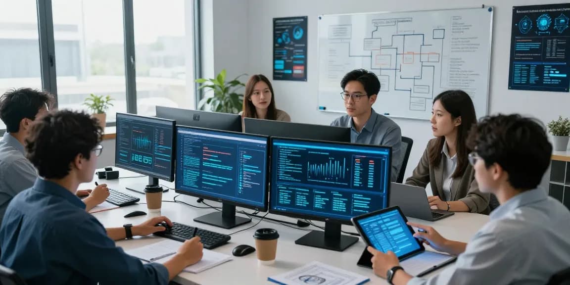 Team of cybersecurity experts at work analyzing threats and protocols on shs-dome5.com in modern control room.