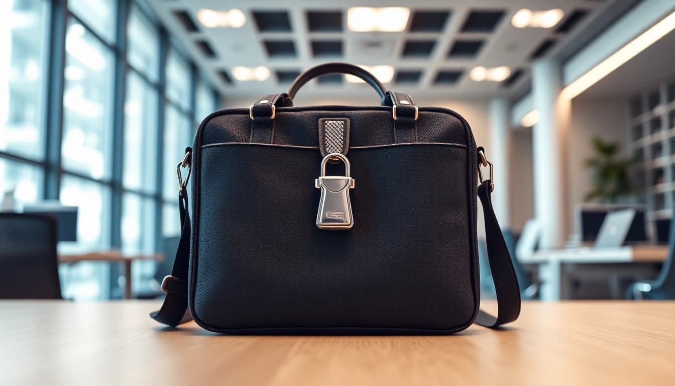 Innovative Handy Tasche abschließbar, highlighting security features and modern design in a stylish setting.