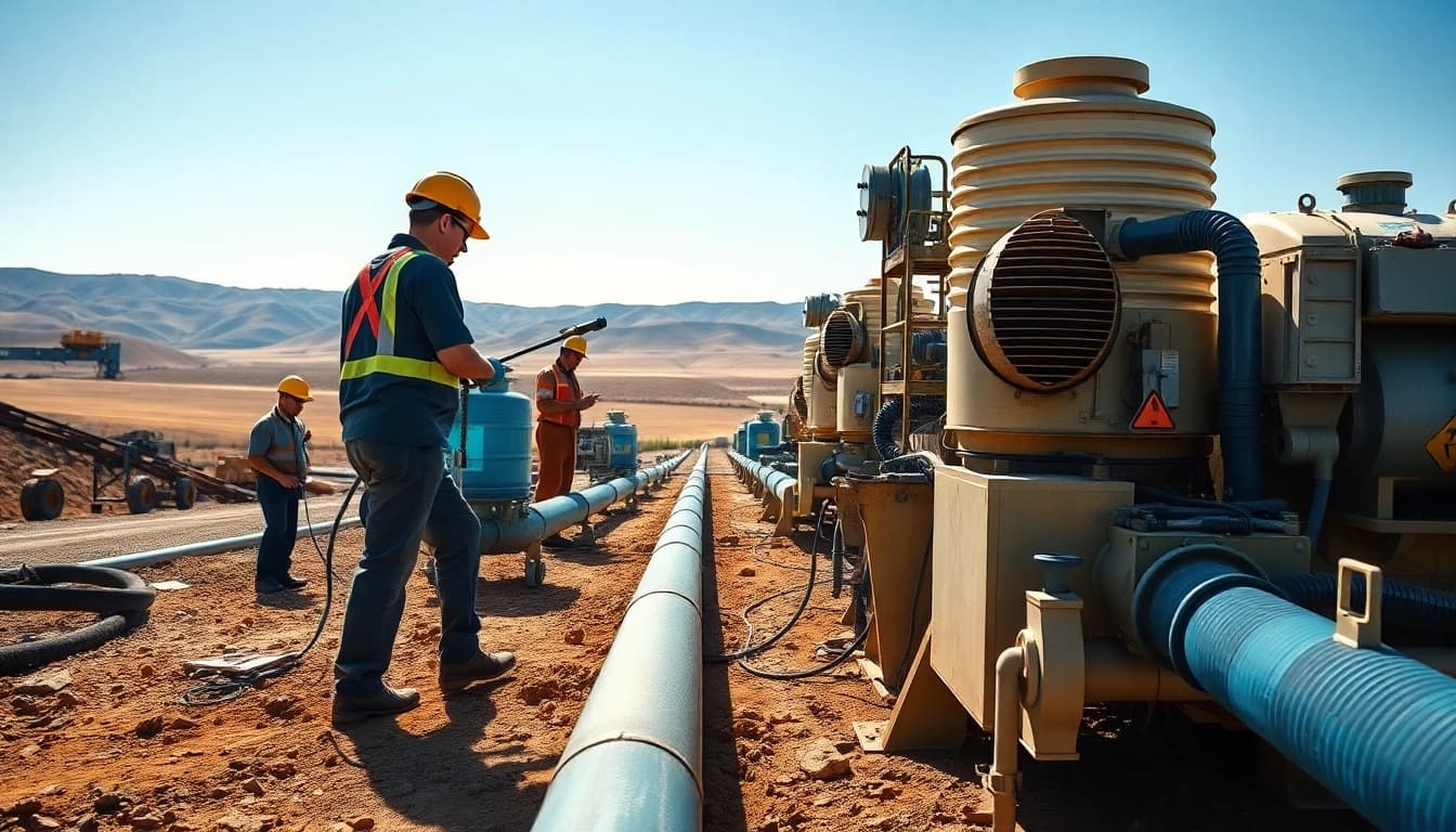 Efficient industrial water transfer services showcased by workers managing heavy machinery at a construction site.