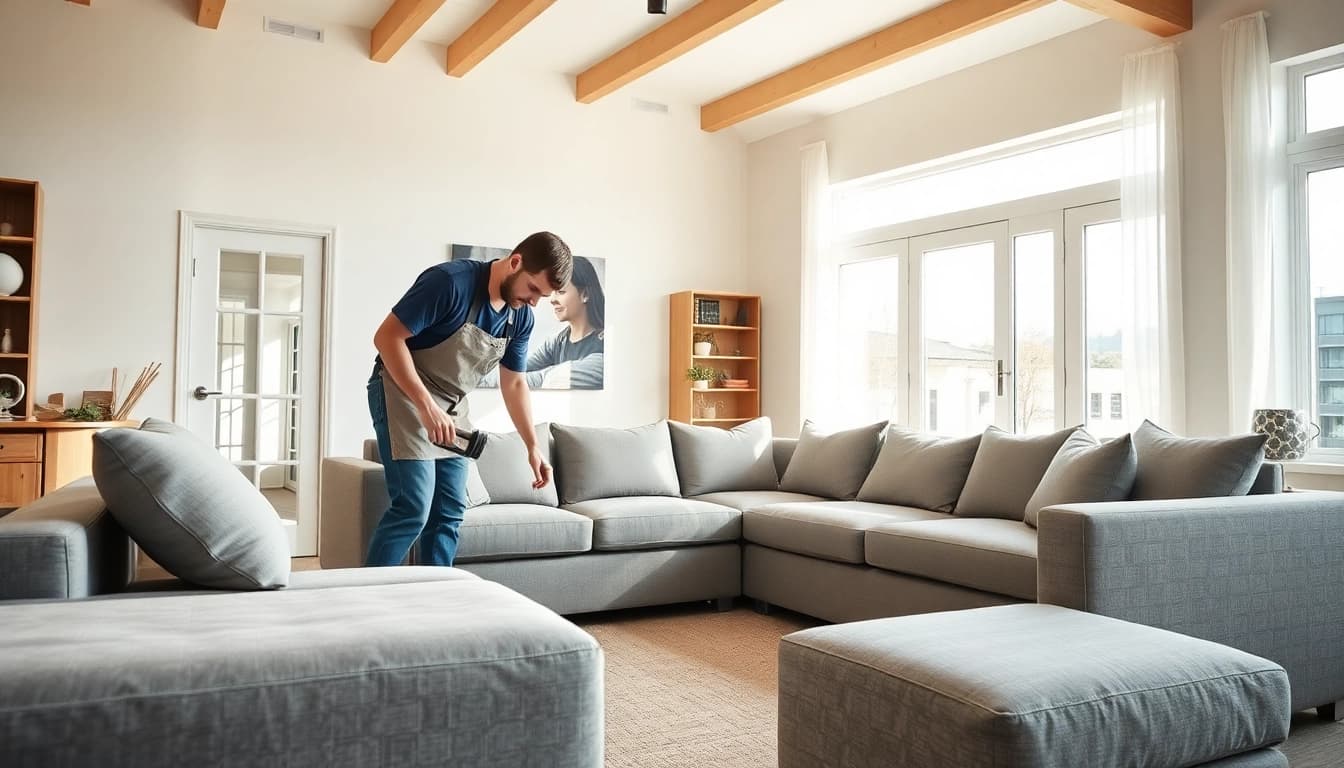 Technicians providing assembly and installation services in a bright living room, enhancing furniture setup.