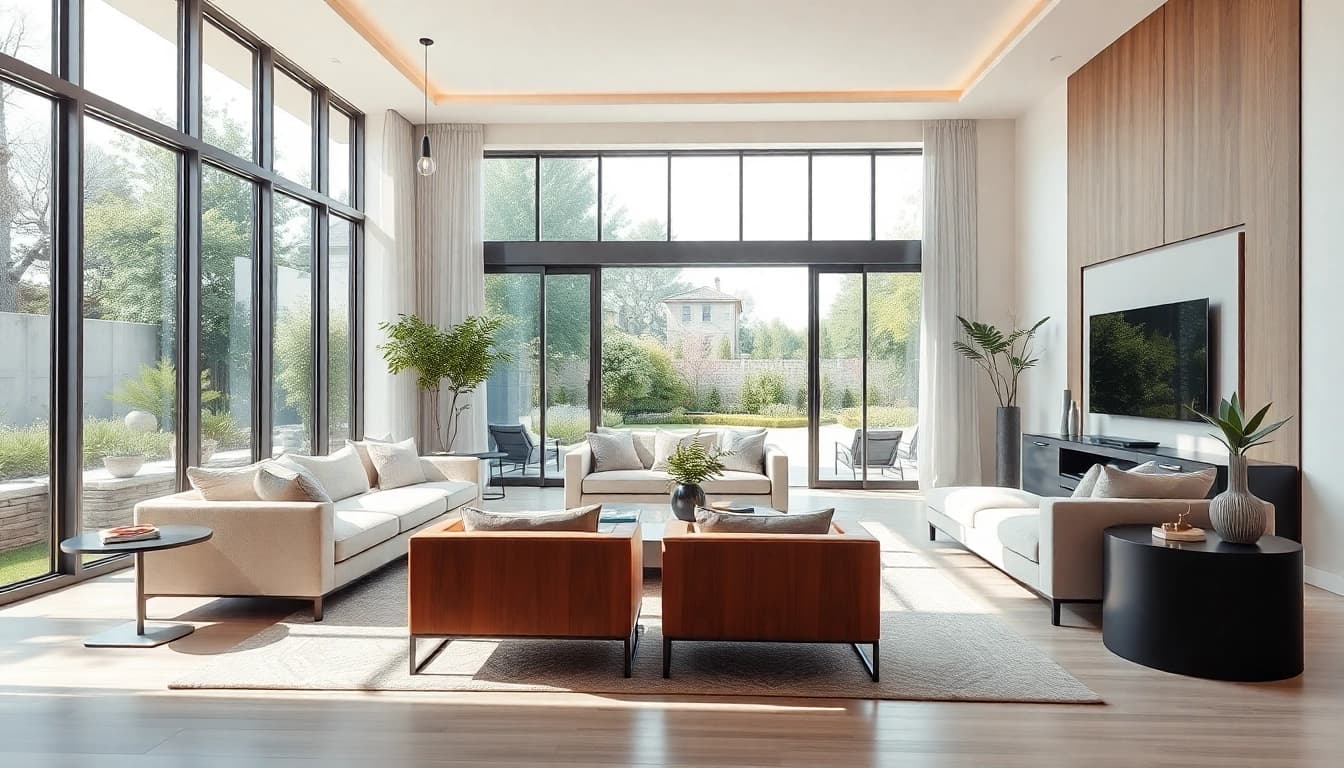 Showcasing modern interior design in a Real Estate property with lush garden view.