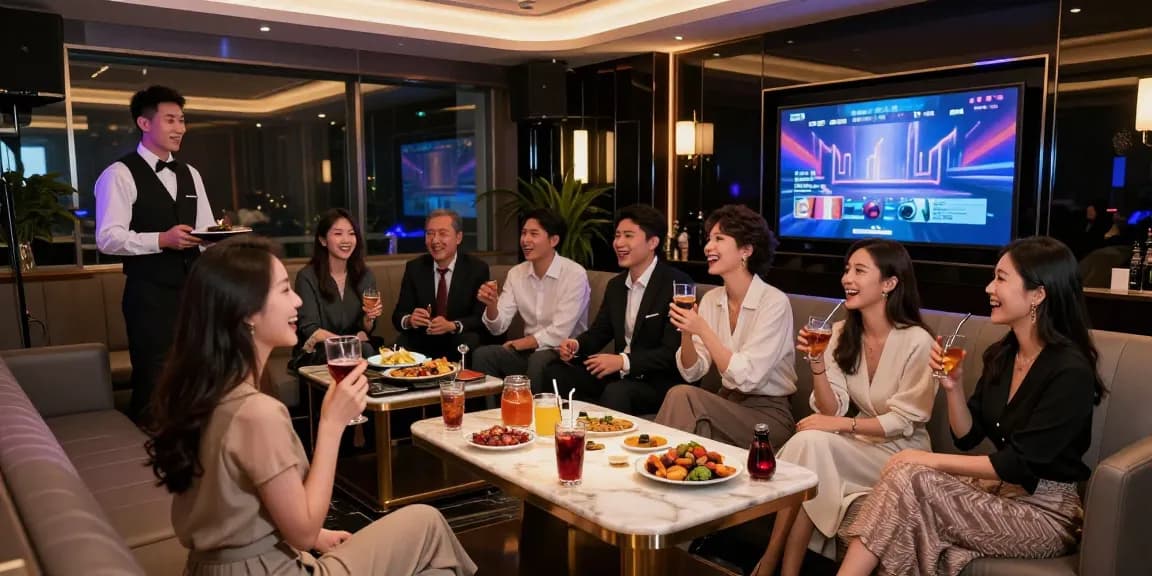 강남쩜오구구단의 프리미엄 룸에서 고객들이 즐거운 분위기 속에서 저녁을 만끽하고 있는 모습