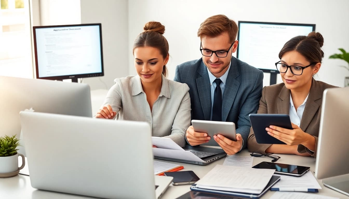 Applicants completing the uk eta online application process on modern devices in a bright office.