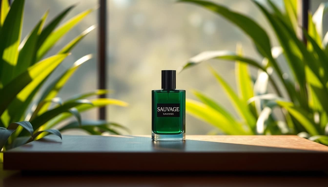 Sauvage fragrance displayed elegantly among greenery, showcasing luxury and adventure.