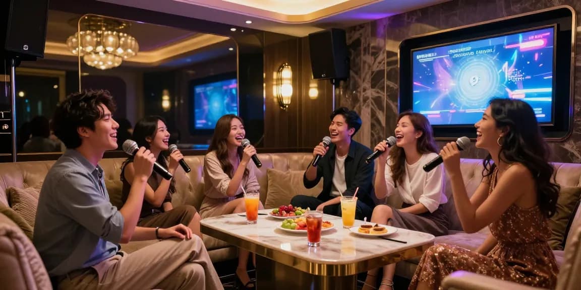 강남쩜오에서 즐거운 시간을 보내는 고객들이 고급스럽고 편안한 분위기에서 노래를 부르는 모습