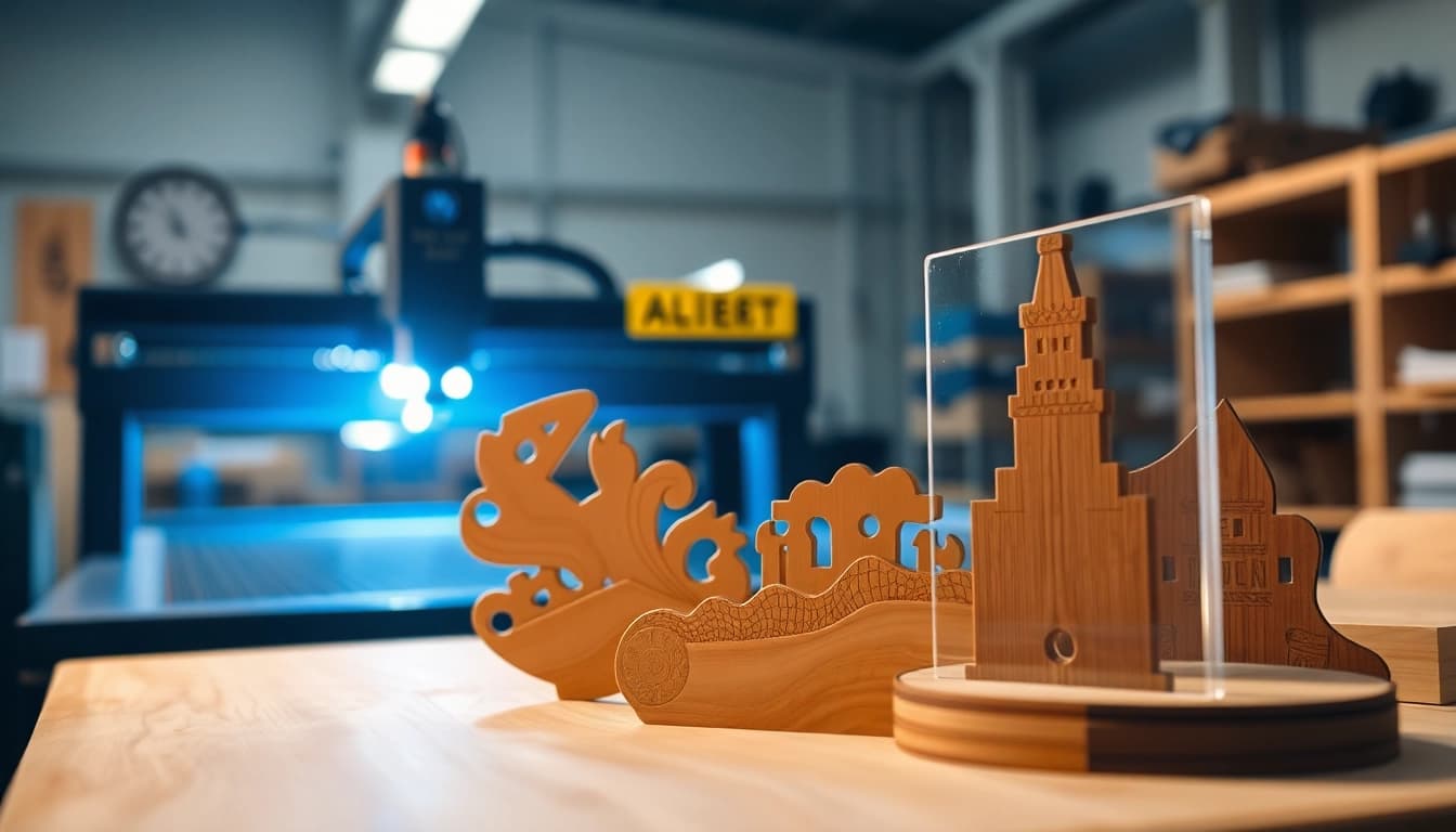 Showcasing intricate laser cutting designs on wood and acrylic in a bright workshop setting.