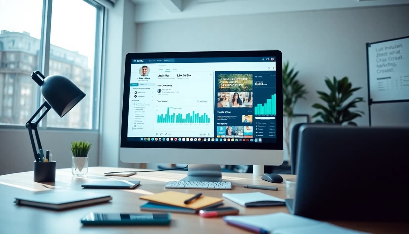 Showcase the Link in bio tool interface in a vibrant digital marketing workspace