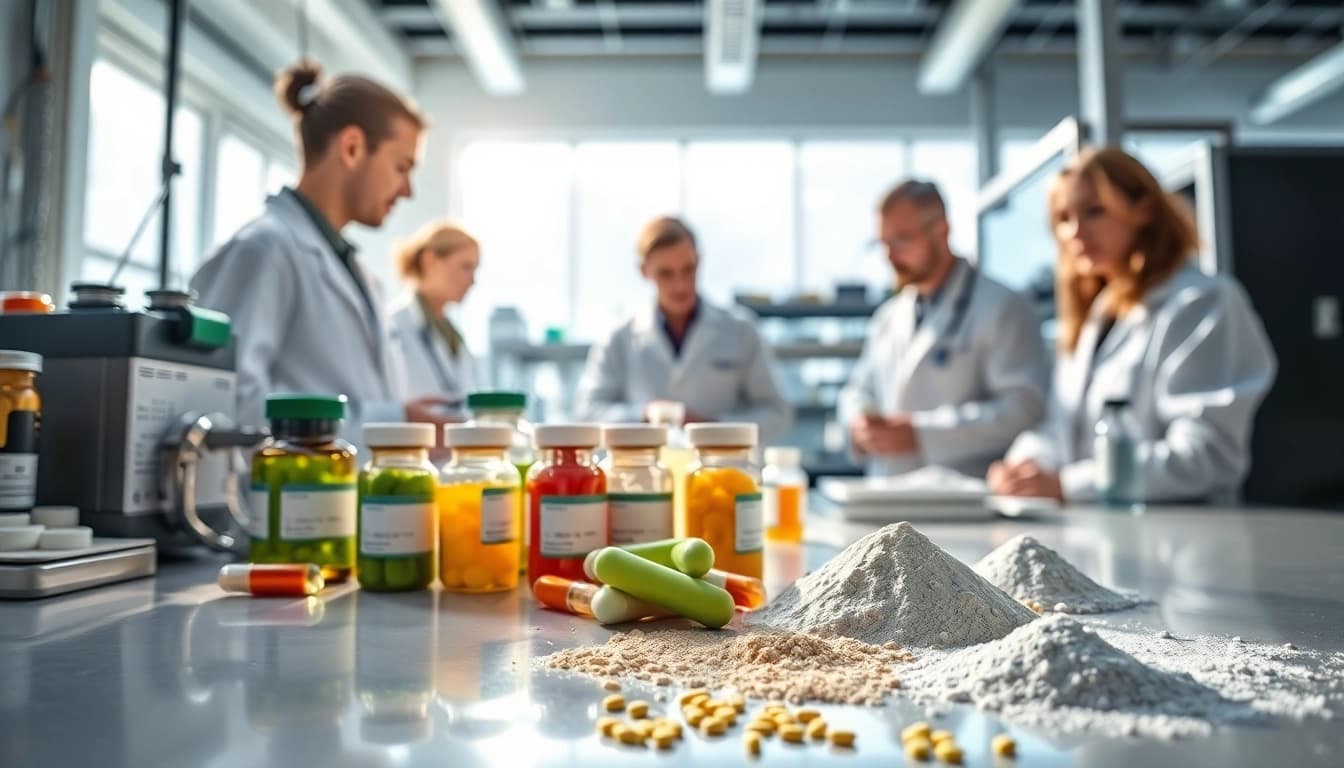 Showcase of a custom supplement manufacturer UK in a modern lab with scientists creating innovative formulas.