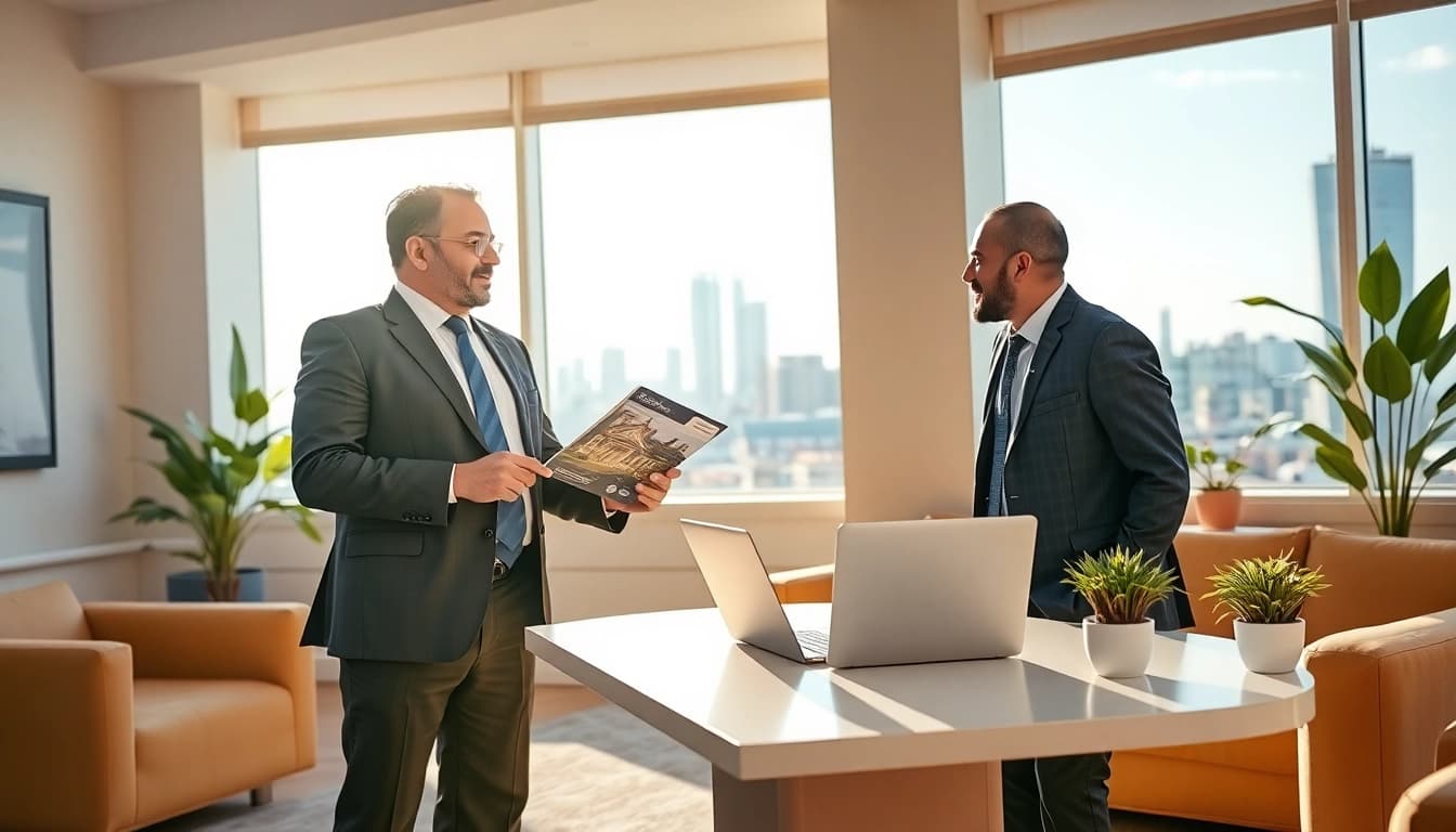 Discussing guaranteed rent in Southall with a professional agent in a modern office.