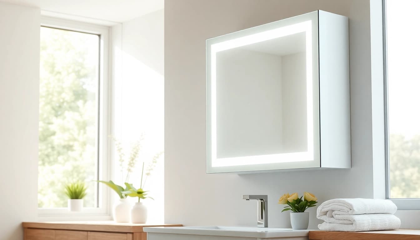 Hochwertigen Spiegelschrank mit LED Beleuchtung im modernen Bad presenting elegant Design.