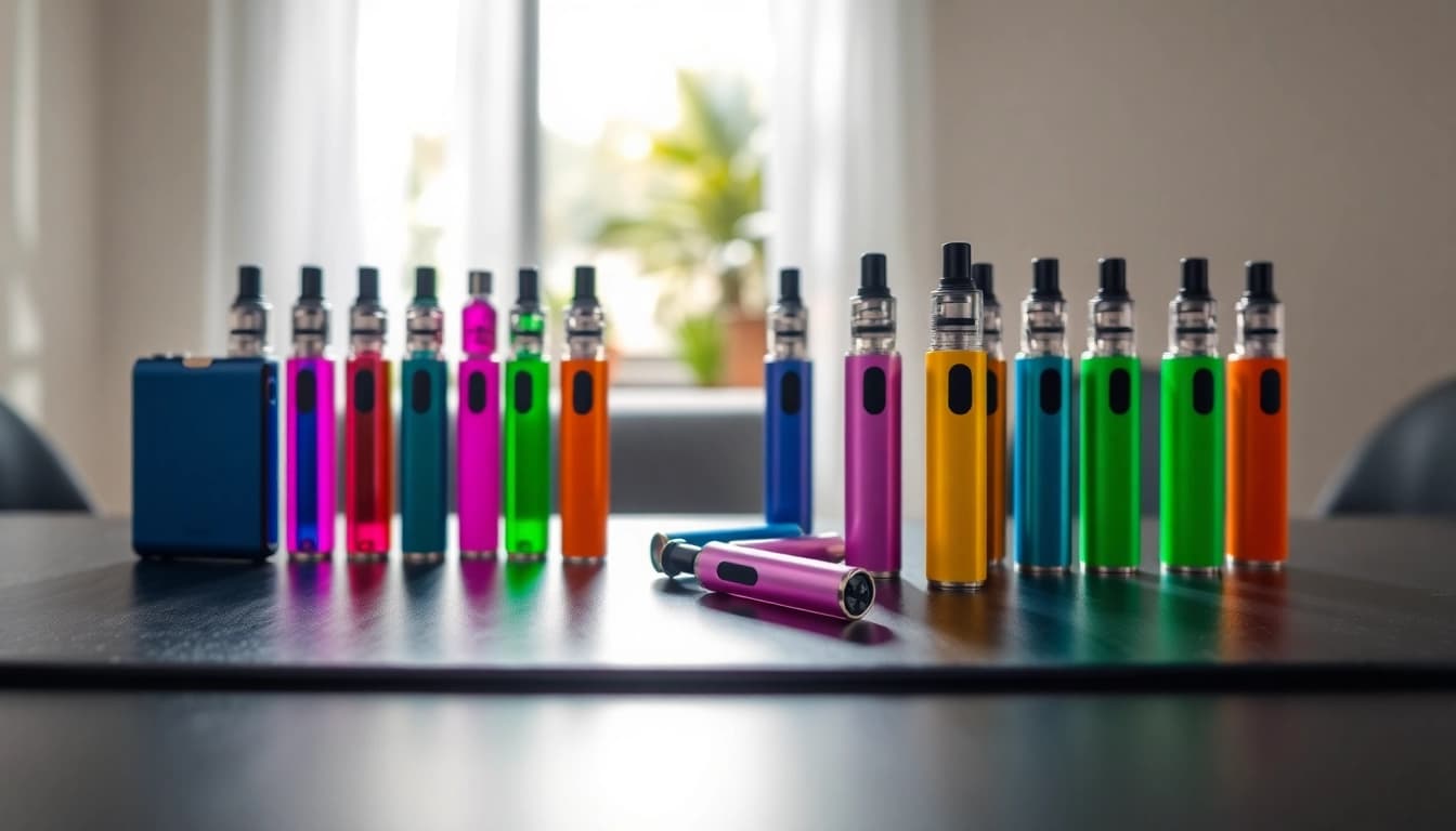 Showcasing a vibrant array of Disposable Vape pens on a sleek surface, emphasizing colorful flavors.