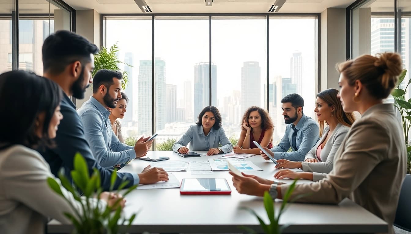 Real Estate agents engaging in a vibrant strategy session in a modern office setting.