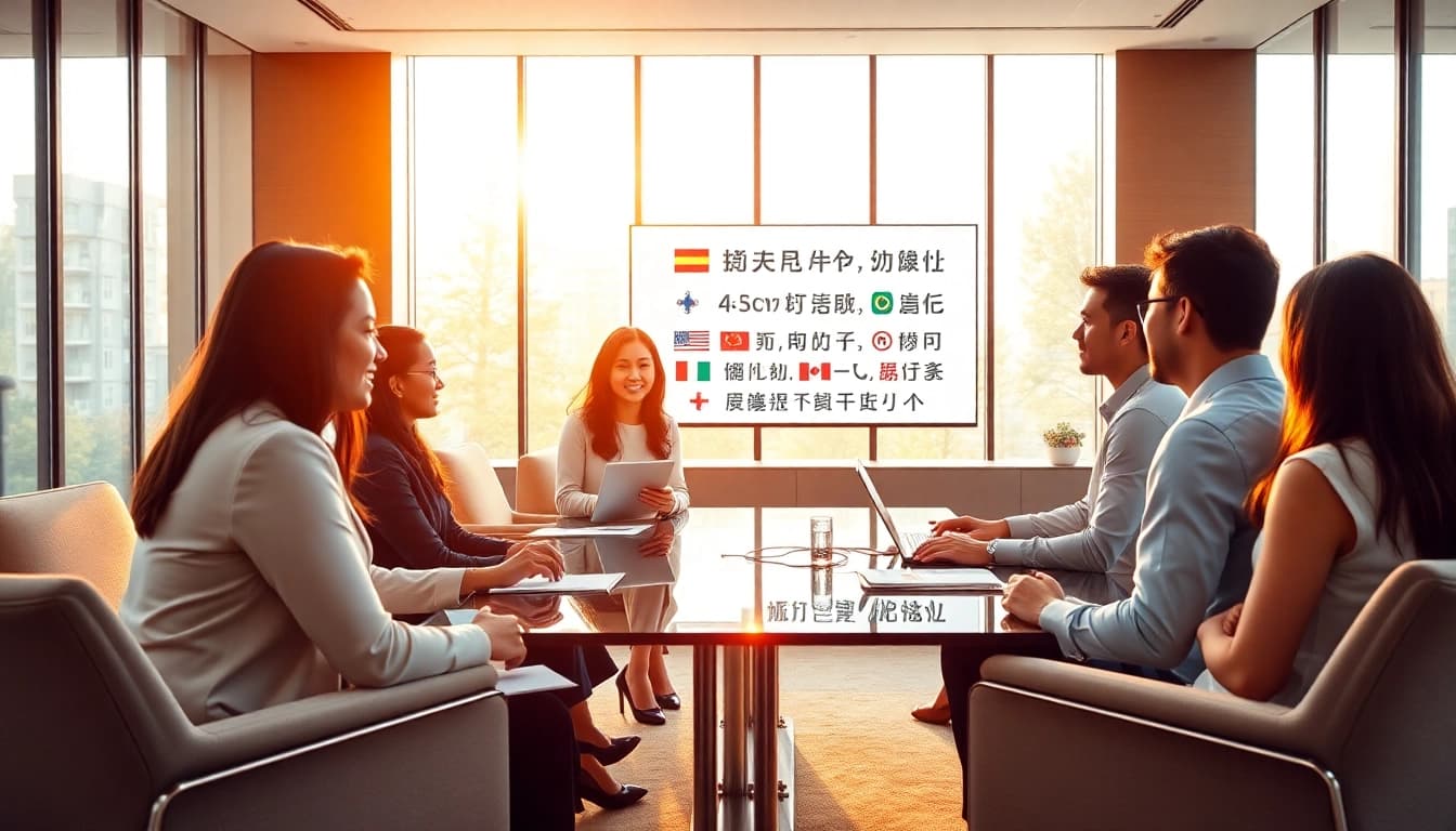 AI interpretation service facilitating seamless multilingual communication in a modern conference room.