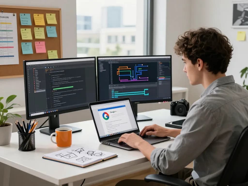 Workspace featuring 谷歌浏览器 on a laptop, dual monitors, and modern tech tools, ideal for productivity.
