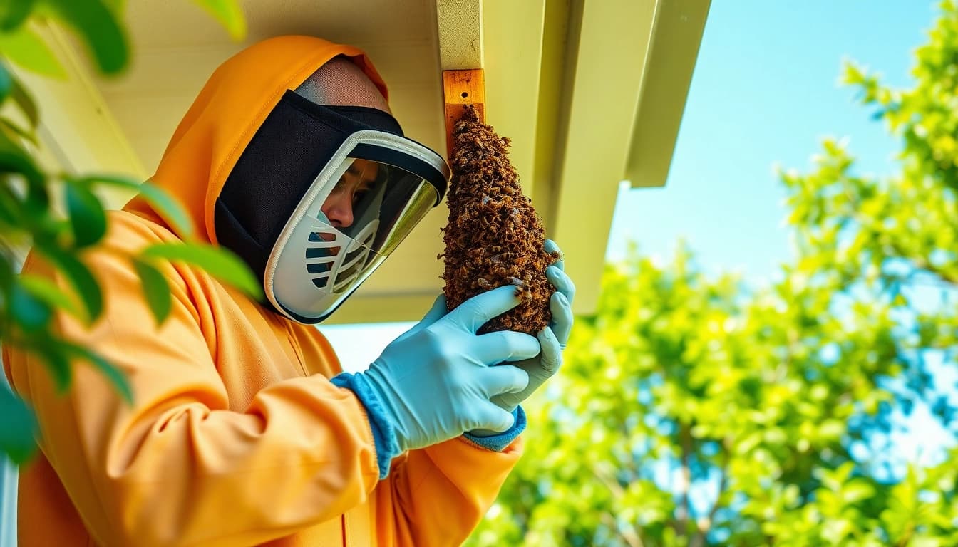 Expert bee removal service in action, carefully extracting bees from a residential property.