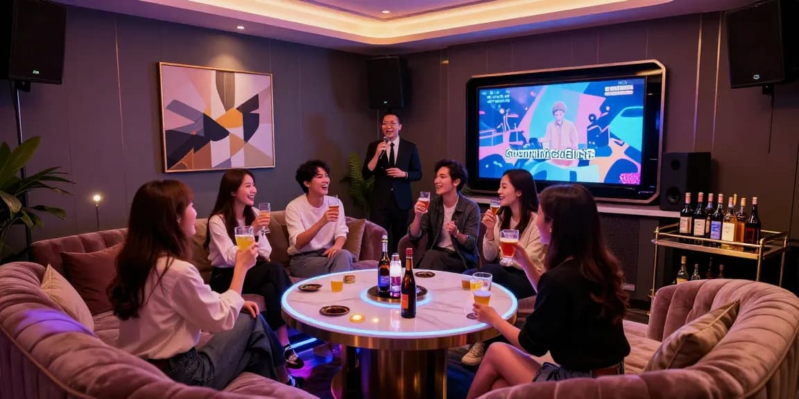 강남구구단의 프리미엄 공간에서 즐거운 분위기로 노래를 부르는 친구들 모습