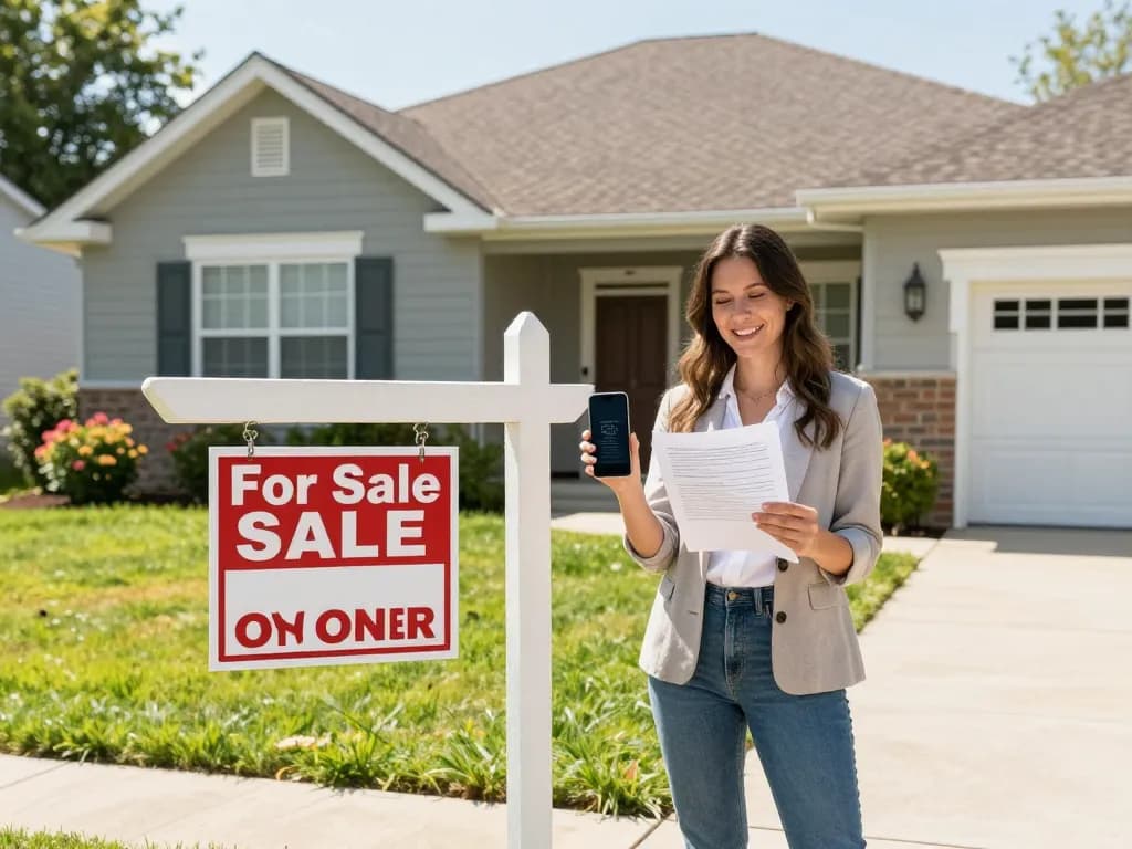 Homeowner confidently sell house without realtor in front of charming suburban home.
