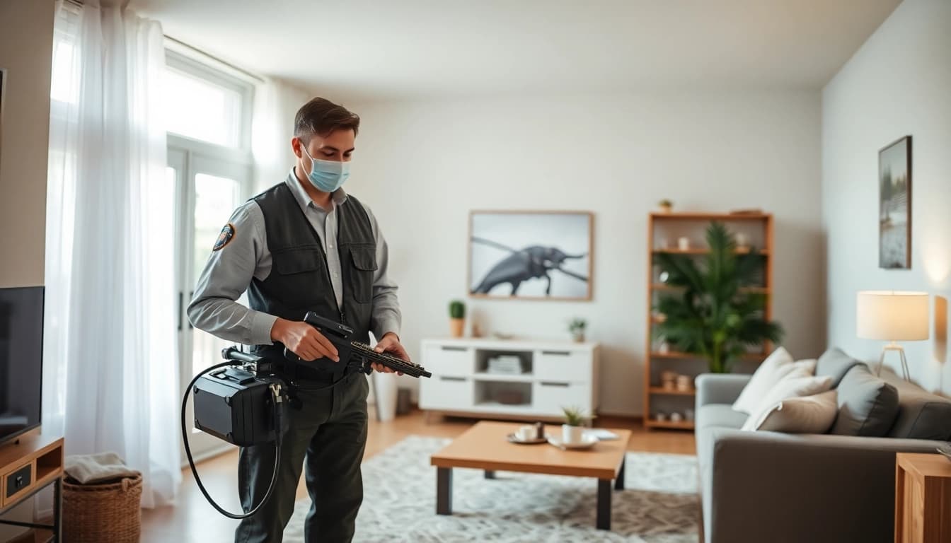 Expert bed bug exterminators effectively treating a residential space, showcasing professionalism and advanced equipment.
