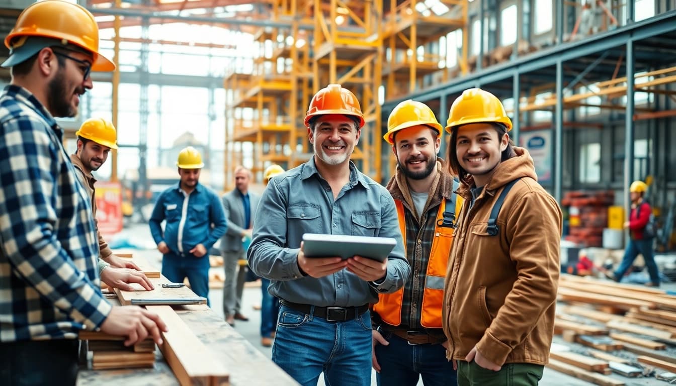 Engaged professionals in careers in construction collaborating on a lively job site with various trades.