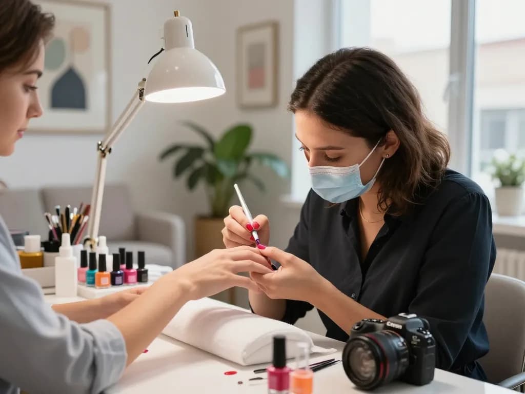 Nails being perfected with vibrant gel polish using hygienic, disposable tools in a luxurious nail salon environment.
