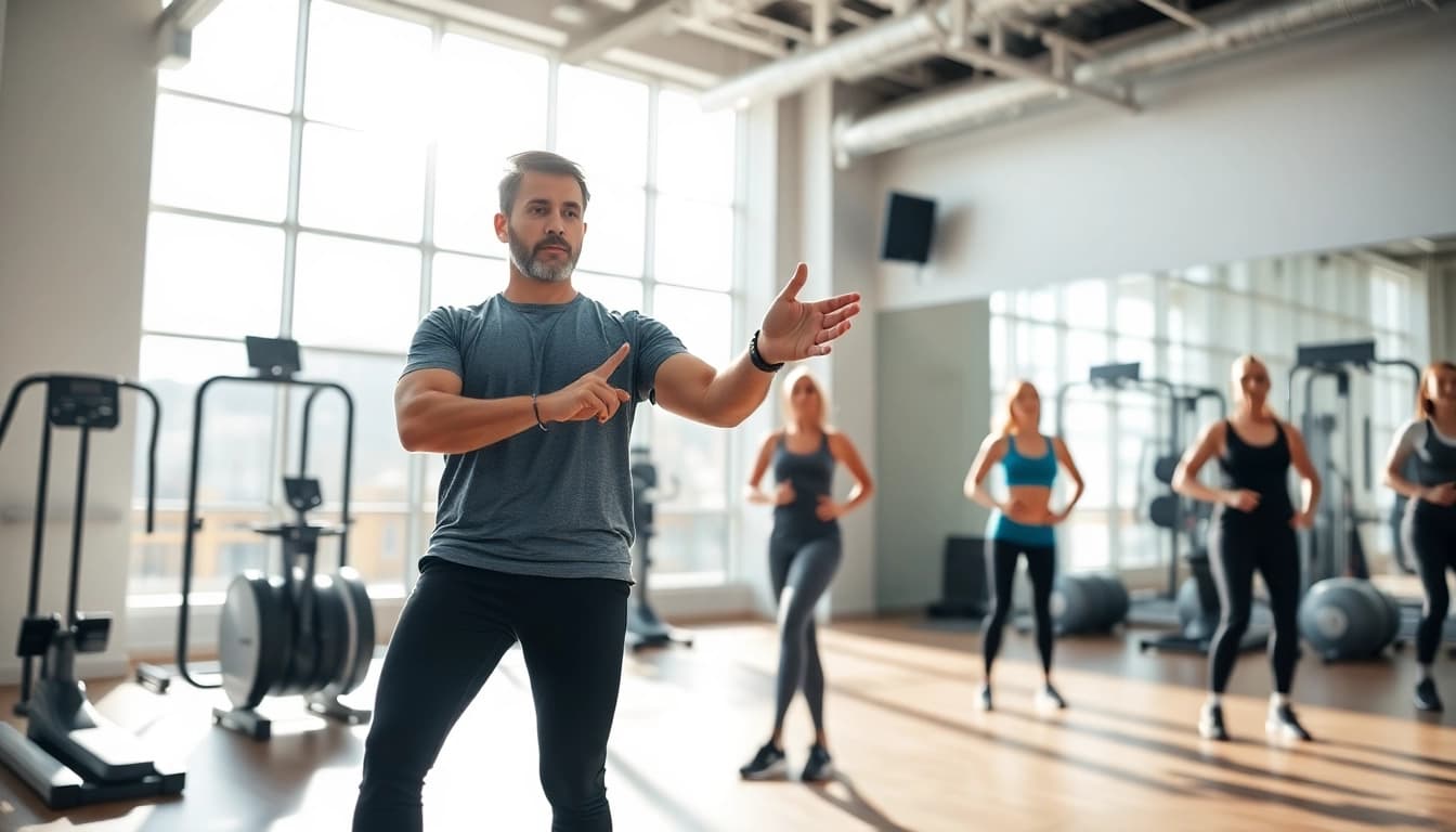Showcasing movenetics techniques in a vibrant gym with active participants.