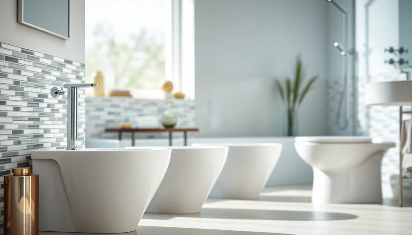 Sanitari moderni in un bagno elegante con dettagli raffinati e luce naturale.