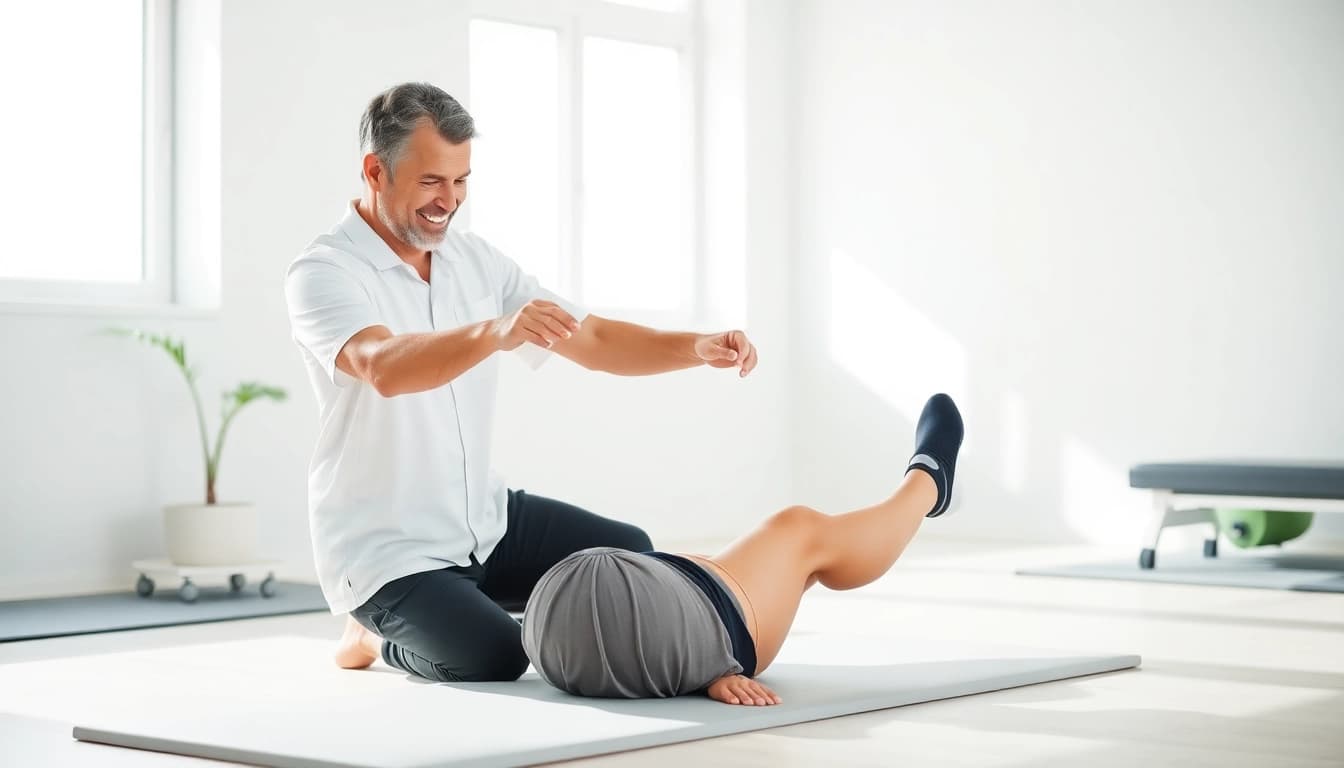 Therapist guiding athlete at https://www.fhpts.com in a bright, modern rehabilitation setting