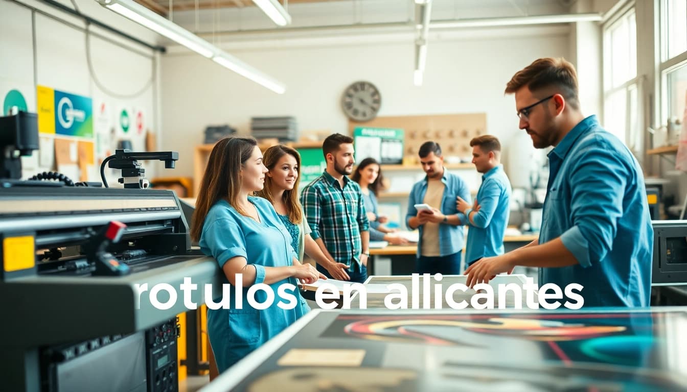 Taller vibrante creando rótulos en Alicante con diseñadores profesionales y equipos de impresión avanzados.