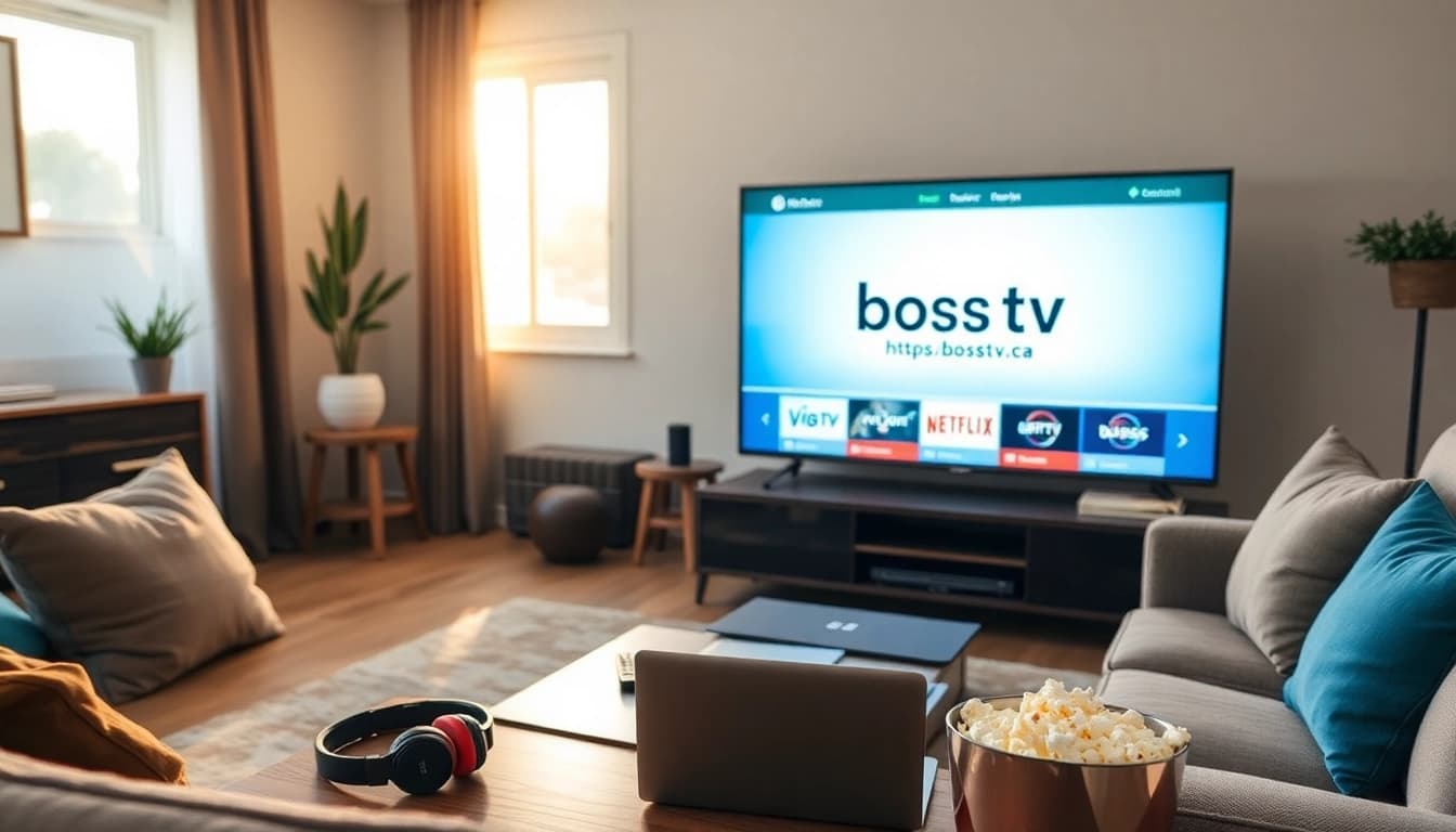 Stream channels on https://bosstv.ca with a cozy IPTV setup in a modern living room.
