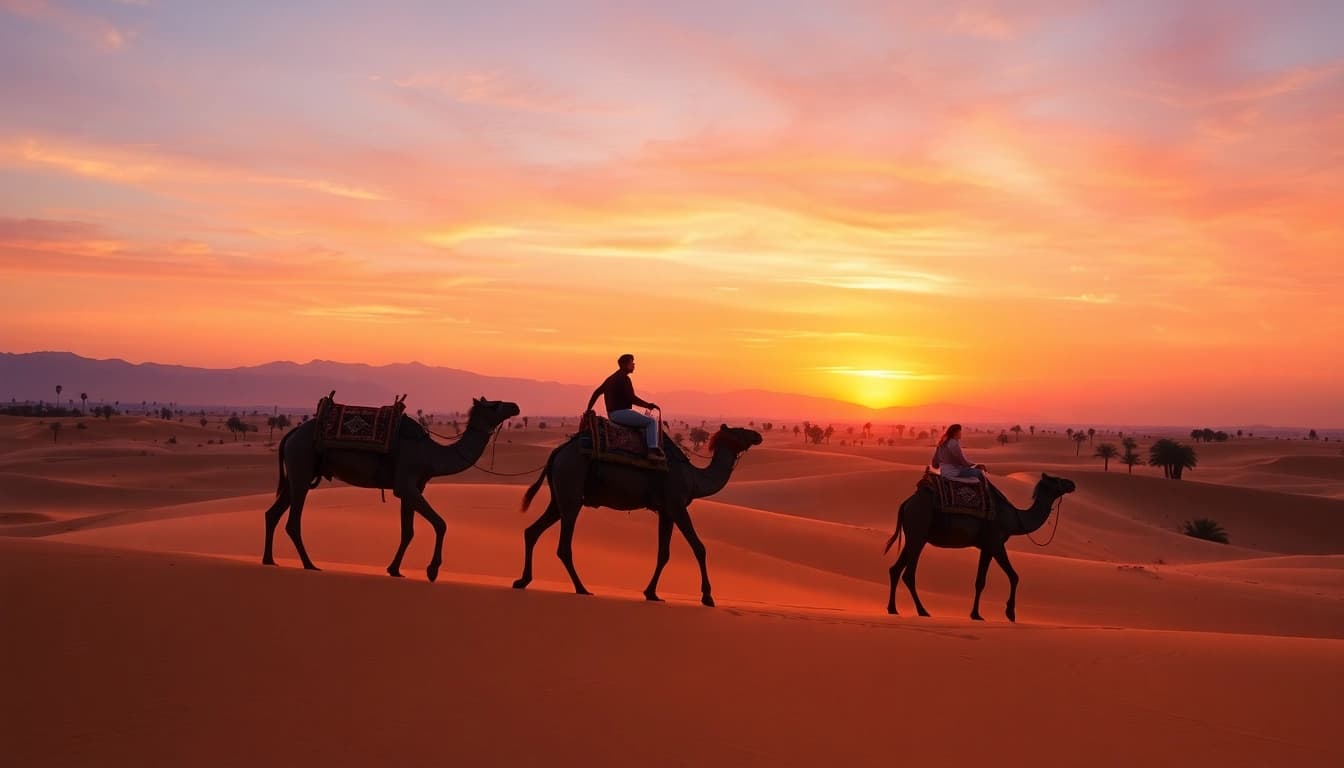 Camel ride Marrakech during sunset with beautiful dunes and mountain views